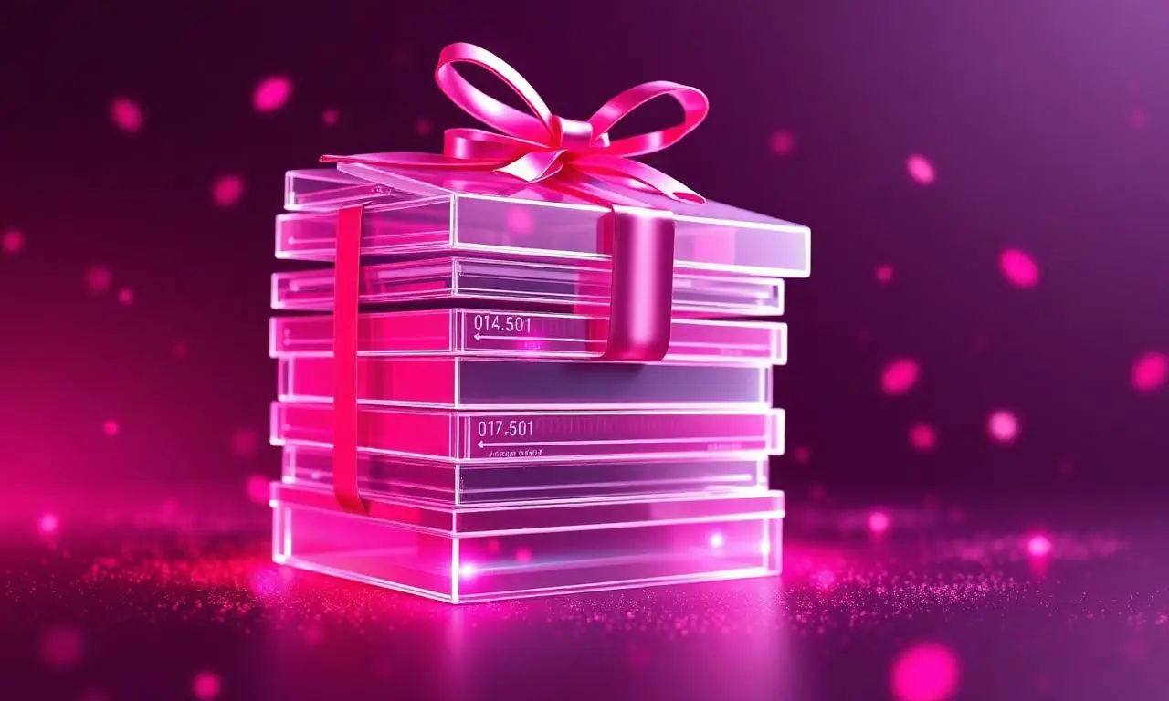 Glowing pink gift-wrapped license stack representing LicenseVault bundle offers