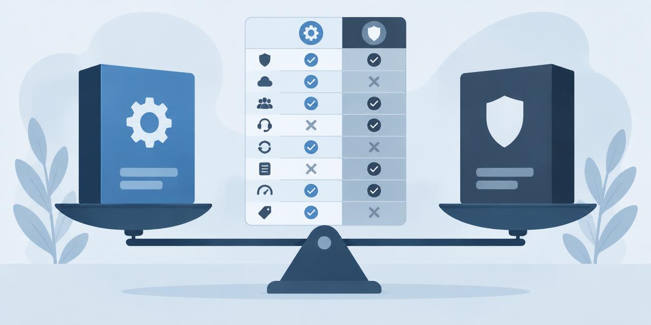 Two software licences weighed side by side with a feature checklist