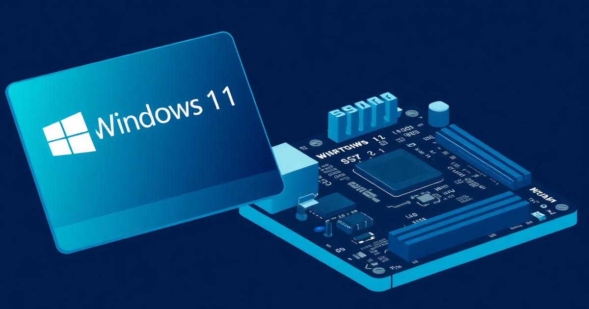 Illustration of a Windows 11 product key card beside a motherboard with a replaced SSD