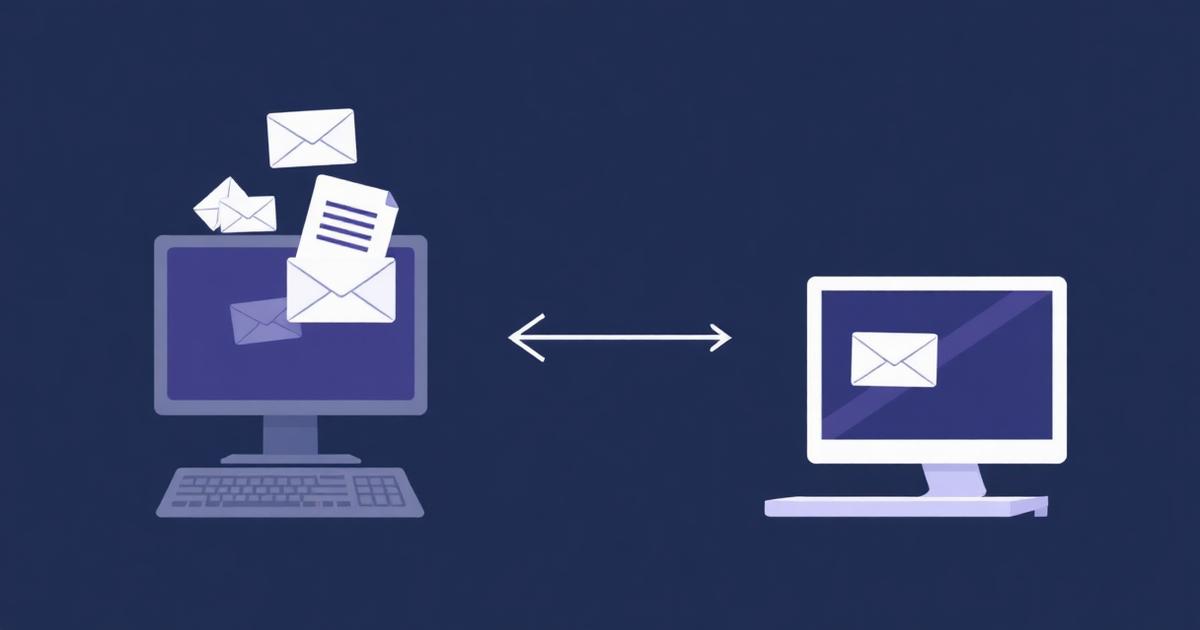 Illustration of documents and mail moving from an old PC to a new PC