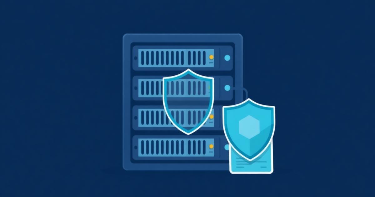 Illustration of a server rack with core tiles and a licence certificate shield