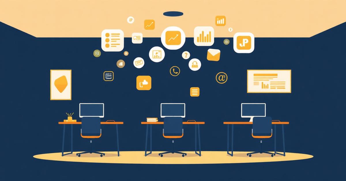 Illustration of a three-desk small office with productivity app icons