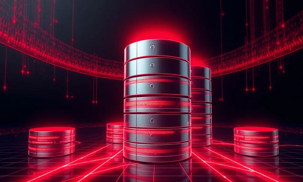 Stacked database cylinders glowing red, evoking the Microsoft SQL Server platform