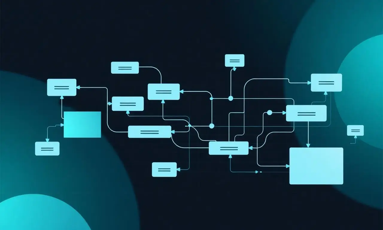 Teal flowchart of connected nodes representing Microsoft Visio diagrams